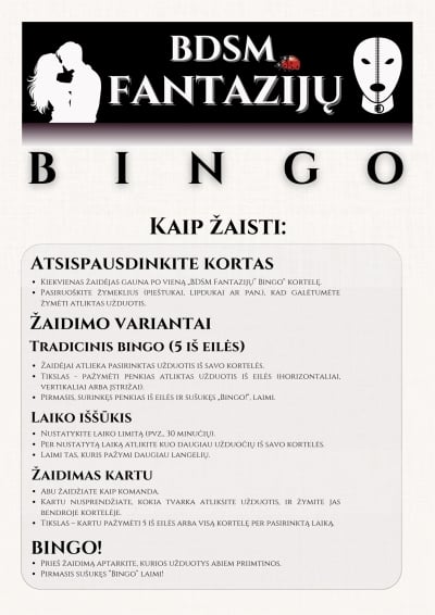 Erotinis žaidimas BDSM Fantazijų Bingo (12 kortelių)